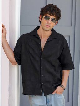 CAHOOT - Men Black Self Design Relaxed Party Half Sleeve Shirt
