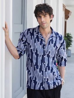 CAHOOT - Men Navy Blue Abstract Relaxed Casual Half Sleeve Shirt