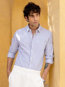 CAHOOT - Men Light Blue Striped Regular Casual Full Sleeve Shirt