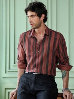CAHOOT - Men Rust Polycotton Stripe Full Sleeve Shirt