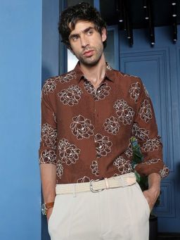 CAHOOT - Men Dark Brown Floral Casual Wear Full Sleeve Shirt