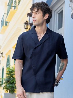 CAHOOT - Men Navy Blue Solid Relaxed Fit Half Sleeve Shirt