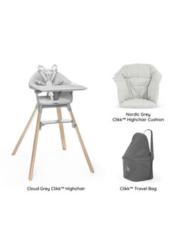 STOKKE - Clikk Combo Chair Cloud Grey, Cushion Nordic Grey, Travel Bag (6 Months-3 Years)