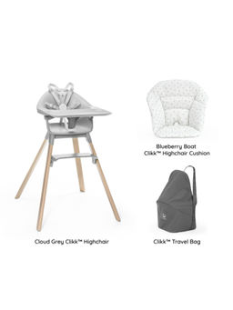 STOKKE - Clikk Combo Chair Cloud Grey, Cushion Blueberry Boat, Travel Bag (6 Months-3 Years)