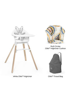 STOKKE - Clikk Combo Chair White, Cushion Multi Circles, Travel Bag (6 Months-3 Years)