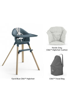 STOKKE - Clikk Combo Chair Fjord Blue, Cushion Nordic Grey, Travel Bag (6 Months-3 Years)