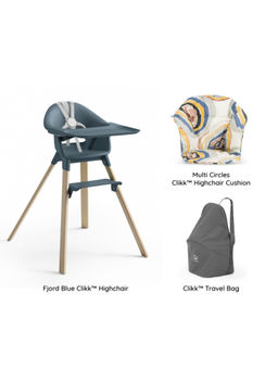 STOKKE - Clikk Combo Chair Fjord Blue, Cushion Multi Circles, Travel Bag (6 Months-3 Years)
