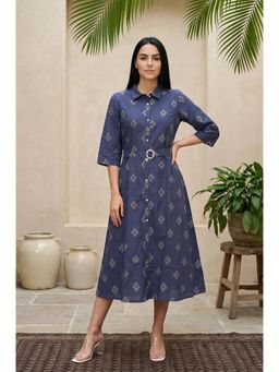 Aurelia - Blue Geometric Printed Collar Neck Dress With Belt