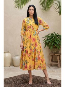 Aurelia - Yellow Floral Printed Mandarin Neck Dress