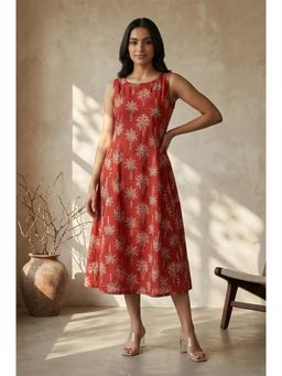 Folksong - Red Floral Printed Round Neck Dress