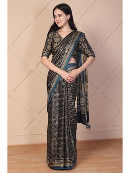 Folksong - Black Printed Saree With Unstitched Blouse
