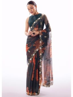 KALKI FASHION - Black Embroidered Embellished/Sequined Saree With Unstitched Blouse