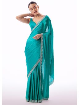 KALKI FASHION - Turquoise Embroidered Sequined Saree With Unstitched Blouse