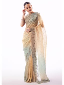 KALKI FASHION - Beige Embroidered Embellished/Sequined Saree With Unstitched Blouse