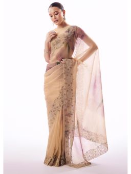 KALKI FASHION - Beige Embroidered Embellished/Sequined Saree With Unstitched Blouse
