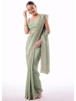 KALKI FASHION - Green Embroidered Embellished/Sequined Saree With Unstitched Blouse