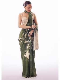 KALKI FASHION - Green Printed Mirror Work Saree With Unstitched Blouse