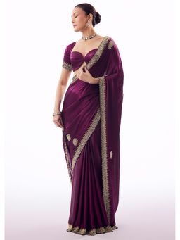 KALKI FASHION - Wine Embroidered Embellished/Sequined Saree With Unstitched Blouse