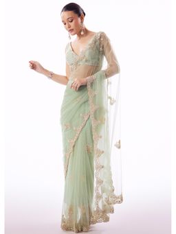 KALKI FASHION - Green Embroidered Embellished/Sequined Saree With Unstitched Blouse