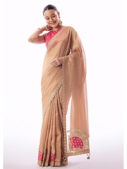 KALKI FASHION - Peach Embroidered Embellished/Sequined Saree With Unstitched Blouse