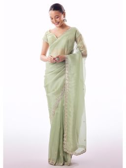 KALKI FASHION - Green Embellished/Sequined Mirror Work Saree With Unstitched Blouse