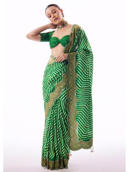 KALKI FASHION - Green Stripes Mirror Work Saree With Unstitched Blouse