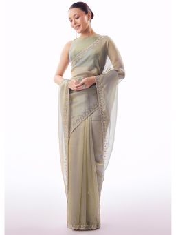 KALKI FASHION - Green Embroidered Embellished/Sequined Saree With Unstitched Blouse