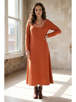W - Orange Embroidered Thread Work V-Neck Dress