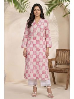 W - Pink Floral Printed Mandarin Neck Kurta