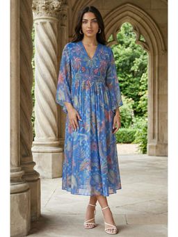 W - Blue Floral Printed V-Neck Dress