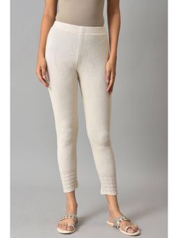 W - Off White Textured Plain Mid Waist Leggings