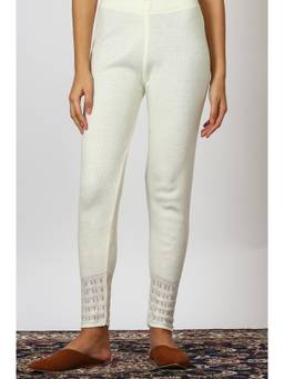 W - Off White Textured Plain Mid Waist Leggings