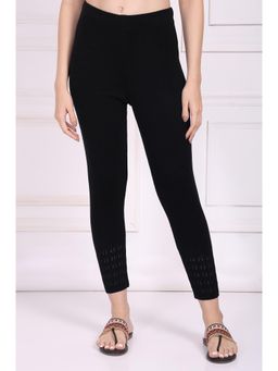 W - Black Solid/Plain Mid Waist Leggings