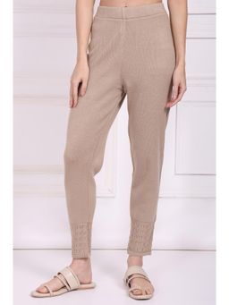W - Beige Textured Plain Mid Waist Leggings