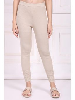 W - Beige Textured Plain Mid Waist Leggings