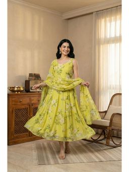 W - Yellow Floral Printed Scoop Neck Dress With Dupatta