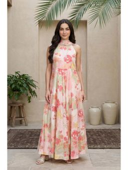 W - Pink Floral Printed Round Neck Dress With Dupatta