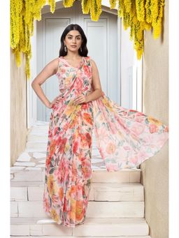 W - Peach Floral Printed V-Neck Saree with Stitched Blouse