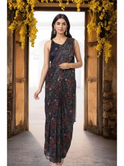 W - Black Floral Printed V-Neck Saree with Stitched Blouse