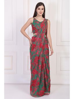 W - Green Floral Printed V-Neck Saree with Stitched Blouse