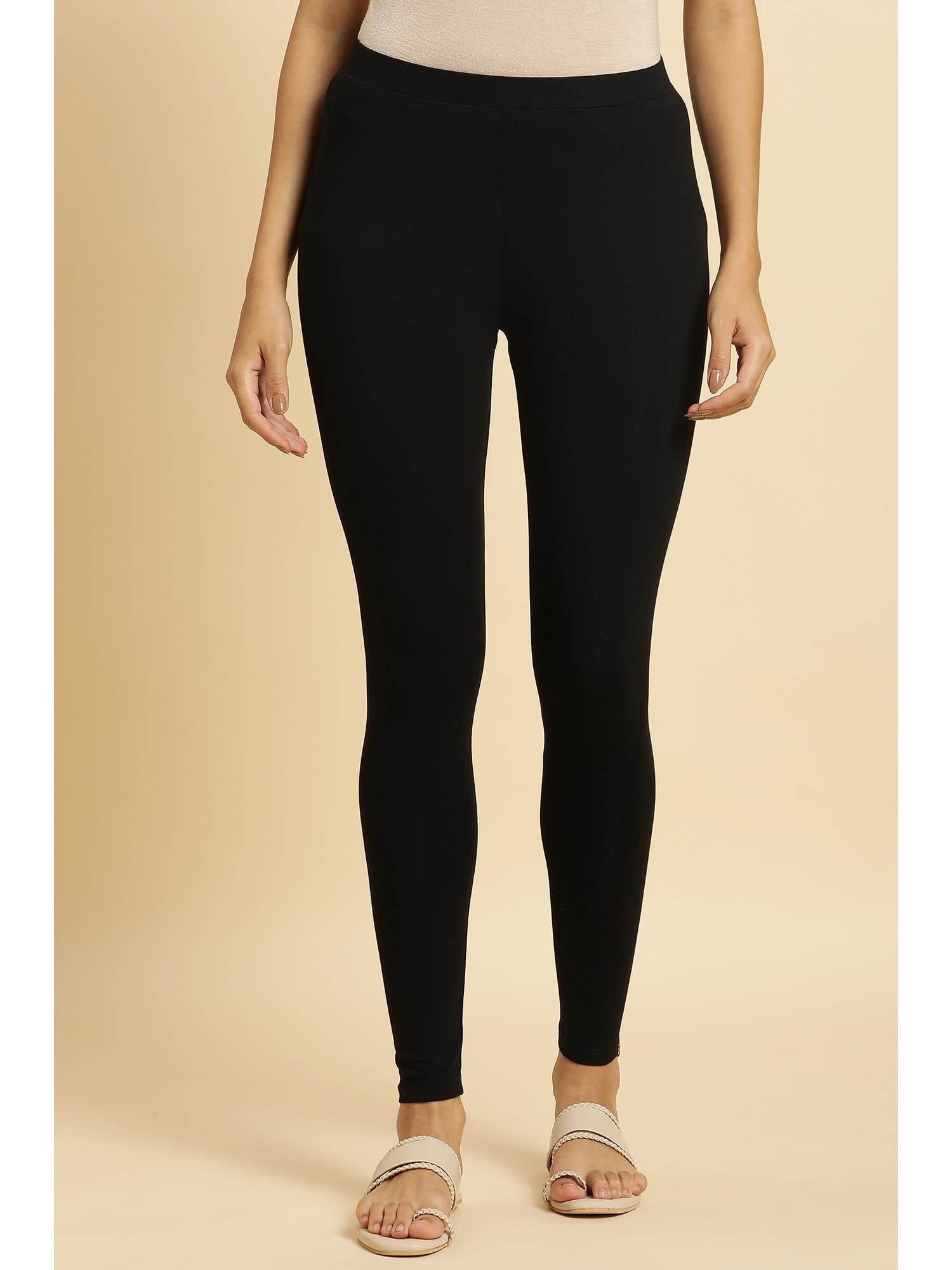 Black Solid/Plain Mid Waist Leggings-picture-36