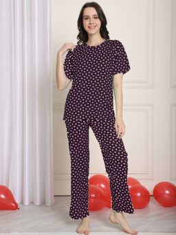 Kanvin - Purple Geometric Printed Cotton Night Suit (Set of 2)