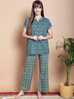 Kanvin - Teal Ethnic Motifs Printed Pure Cotton Night Suit (Set of 2)