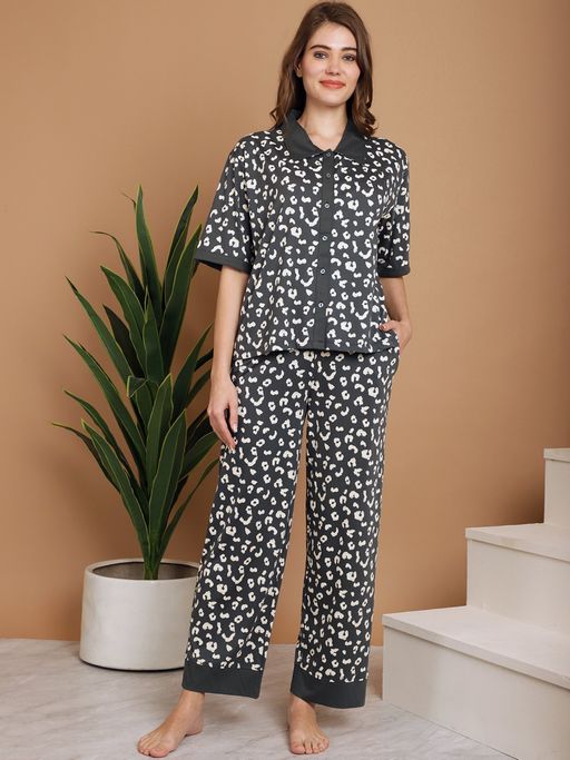 Buy Kanvin Olive Animal Print Shirt Collar Cotton Night Suit (Set