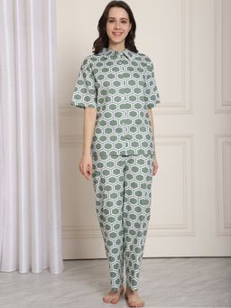 Kanvin - Green Geometric Printed Pure Cotton Night Suit (Set of 2)