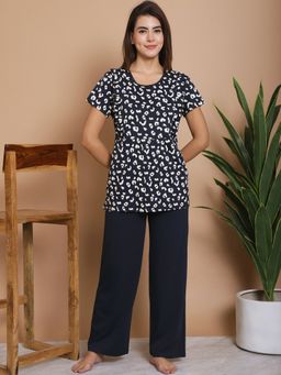 Kanvin - Navy Blue Printed Round Neck Short Sleeves Cotton Night Suit (Set of 2)