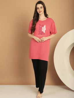 Kanvin - Pink Floral Printed Cotton Night Suit (Set of 2)