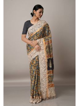 Unnati Silks - Multi Pure Kalamkari Block Printed Silk Saree with Unstitched Blouse