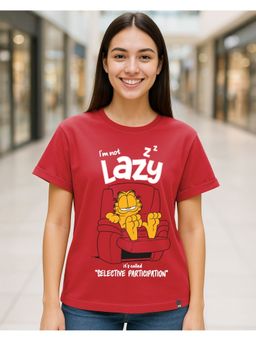 Bewakoof - Official Garfield Women's Red Selective Participation Graphic Printed Boyfriend T-shirt