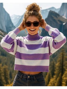 Bewakoof - Women White And Purple Striped Oversized Crop Sweater